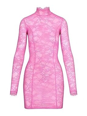 SKIMS Pink Lace High-Neck Bodycon Mini Dress